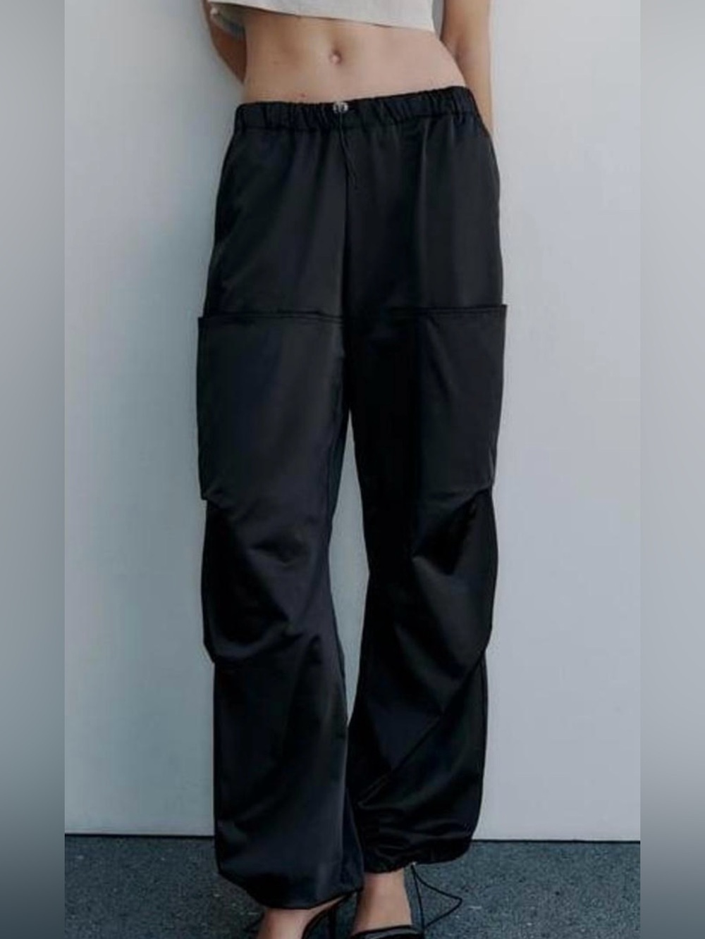 Zara Black Satin Effect Parachute Cargo Trouser Pants Size XS Gorpcore Y2K  90’s